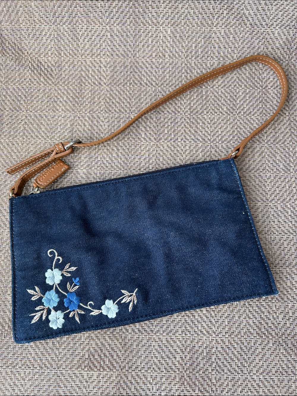 Charter Club Navy Denim mini bag with Blue Floral Embroidery and Tan Strap.